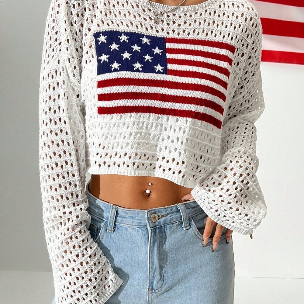 White Casual Women's Hollow Out Sweater With Flag Print Round Neck - Picture 7 of 7